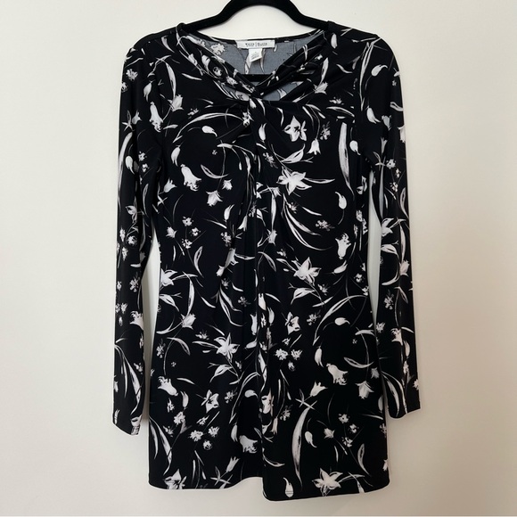 White House Black Market Tops - White House Black Market Black White Floral Long Sleeve Blouse knot neck small